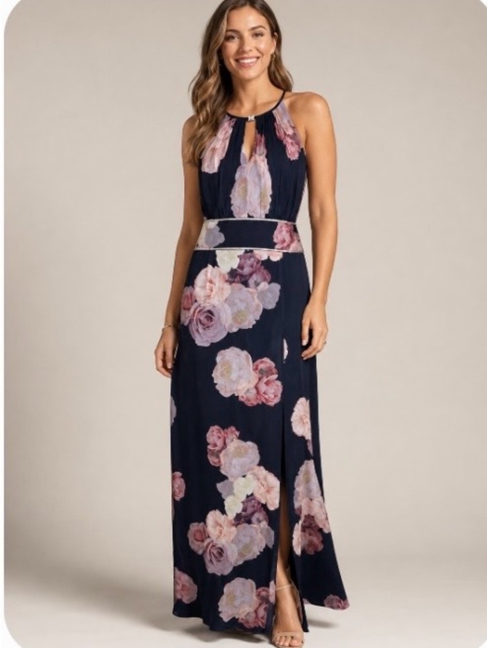 Oleg Cassini Midnight Blue Floral Halter Dress Woman’s size 10 with rhinestone
